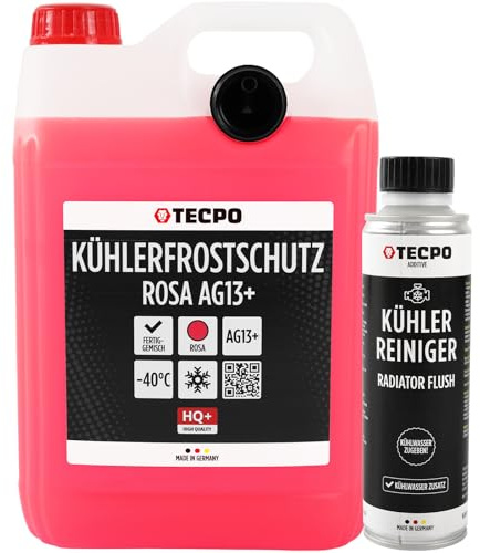 TECPO Kühlerfrostschutz Antifreeze AG13+, 5 Liter mit Kühlerreiniger Kühlmittel rosa rot -40 C° Auto Kühlflüssigkeit Gebrauchsfertig LOBRID-Technologie | bis zu 5 Jahre Lebensdauer |