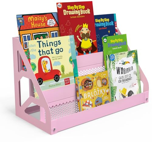 Delixike Montessori Étagère en métal pour enfants, 3 niveaux, petite bibliothèque pour chambre d'enfant, salle de jeux ou organisateur de bureau, Noël et anniversaire (rose)