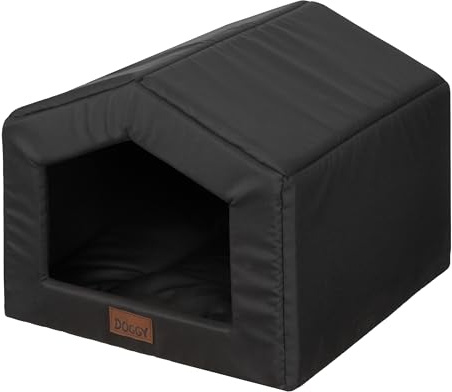 DOGGY Hundehütte – Hundehöhle mit Kissen - Winterfest Wasserdicht Wetterfester – Warm Hundehaus - Katzenhaus Für Draußen - Haustiere Kleine Hund Katze 46x50x38 cm - Schwarz