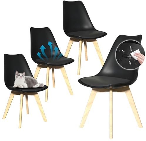 JMGJOY Esszimmerstuhl Küchenstühle 4er Set Schalenstuhl Upholstered Kunstleder Essstühle mit Massivholz bis 160 kg Skandinavisches für Esszimmer Küche Wohnzimmer Schlafzimmer Büro (Schwarz-4er Set)