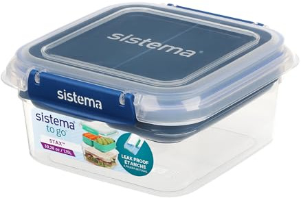 Sistema 1,15 l square Stax To Go Vorratsbehälter mit herausnehmbarem Bento-Tray | 100% auslaufsicher, luftdicht und stoßfest | geeignet für Kühl-/ Gefrierschrank/Mikrowelle | Farbe: Blau