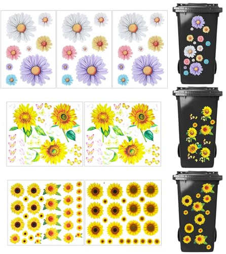 saerryor 7 Sheets Wheelie Bin Stickers Flowers, Self Adhesive Sunflower Colorful Flower and Butterfly Sticker Waterproof Vinyl House Decorative Stickers Bin Labels for Cars Wall, Door, Fridge