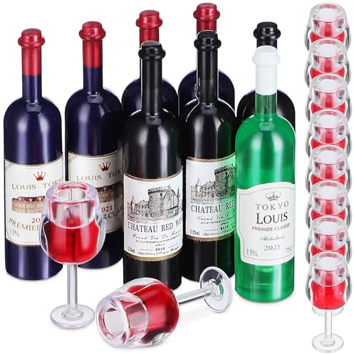 Veemoon Mini Bouteilles de Vin en Plastique 8 Pièces 10 Mini-gobelets à Boissons, Accessoires Décoratifs pour Maison de Poupée, Jouets Miniatures Réalistes pour Jeu Réutilisable