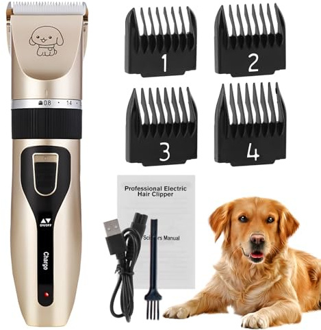 Dog Grooming Clippers, Cordless Electric Pet Shaver Hair Trimmer with 4 Guard Combs and Cleaning Brush Nail Kits, Rechargeable Low Noise Pet Clippers for Dogs Cats Pets Grooming Tool