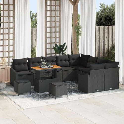 LoogCape Gartensofa-Set 12-teilig Schwarz Poly Rattan, Modulares Outdoor Loungeset mit Kissen, Stauraum & Akazienholz, für Terrasse & Balkon