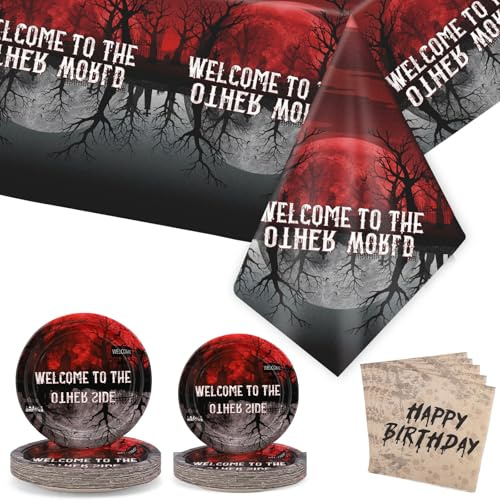 Csoisoy 73uds Juego de Vajilla con Temática Extraña, Incluye 48 Platos de Fiesta (2 Tamaños), 24 Servilletas y 1 Mantel Grande para Decoración Cumpleaños con Temática Invertida Sirve para 24 Personas