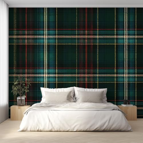 Green and Red Plaid Wallpaper - Scottish Tartan Wall Mural 150x105 cm (W x H), Non-Woven Photo Wallpaper Mural for Bedroom, Living Room, Hallway, Home Decor Y&W73