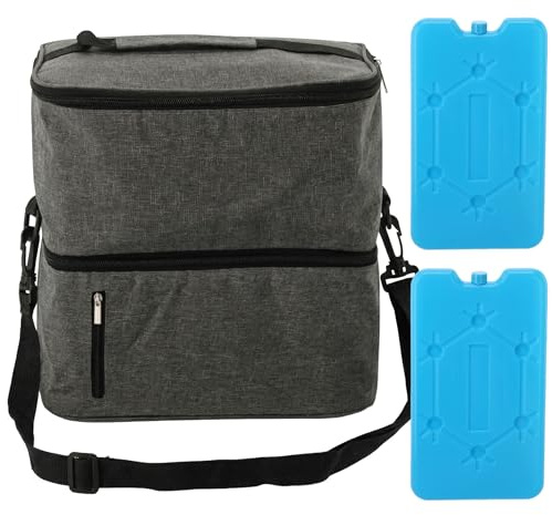 Graue, geräumige Kühltasche, 13 l, 26,5 x 17,5 x 27 cm, mit Zwei Kühlakkus, isolierte Brotdose (Grau)