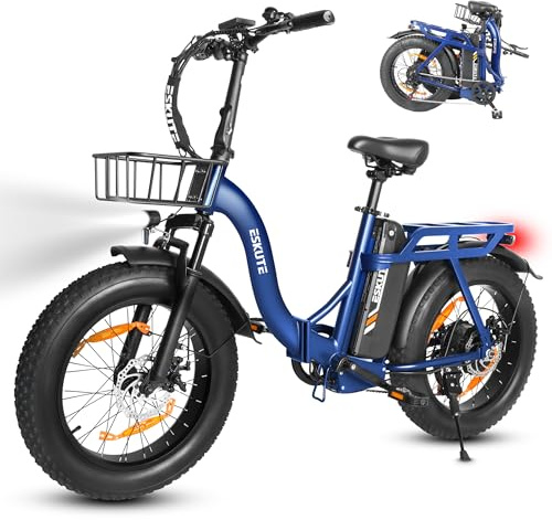 ESKUTE E-Bike D202 PRO, 20×4 Zoll faltbares Fatbike, 48V 20,8Ah Akku, bis 100 km Reichweite, 250W Motor, 7-Gang Schaltung, für Herren & Damen, Gelände, Strand & Schnee