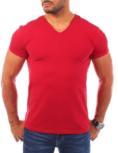 Young & Rich Herren Uni T-Shirt mit V-Ausschnitt Basic V-Neck Tee mit Stretchanteilen einfarbig Slim fit 1700, Grösse:S, Farbe:Rot