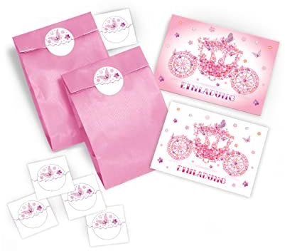 JuNa-Experten 10 Einladungskarten Kindergeburtstag Prinzessin-Party Mädchen/Kutsche incl. 10 Umschläge, 10 Party-Tüten/hellrosa, 10 Aufkleber