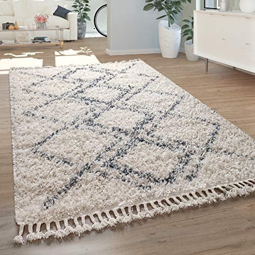 Paco Home Teppich Wohnzimmer, Schlafzimmer/Hochflor Shaggy in versch. Designs Farben und Größen, Grösse:200x290 cm, Farbe:Creme 11