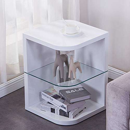 GOLDFAN Table Basse Salon Petite Table d'appoint Ronde Table de Chevet Bois Brillante Bout de Canape Verre, Blanc
