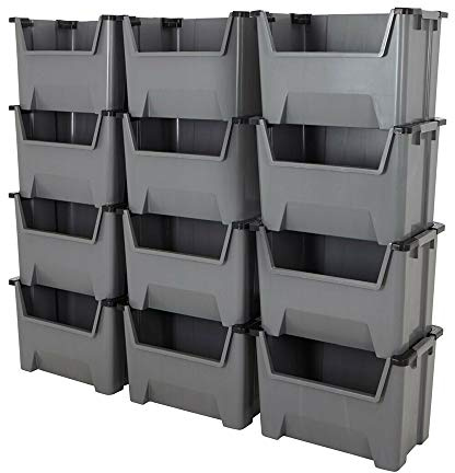 BiGDUG Giant Plastic Stacking Bins (5 Pack) - 400x600x400 mm - Open Fronted Order Picking Boxes - Grey - Heavy Duty Storage Boxes