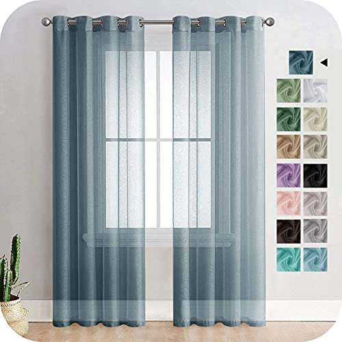 MRTREES Voile Gardinen Vorhang halbtransparent kurz mit Ösen in Leinenoptik Stores Gardinen Schals für Wohnzimmer Schlafzimmer Kinderzimmer Dunkelblau 245×140cm (H×B) 2er Set