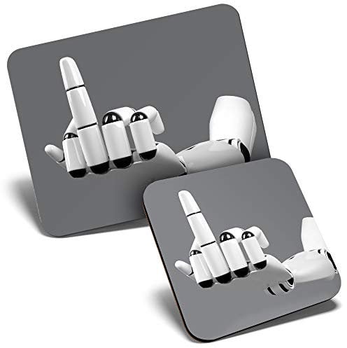 Mouse Mat & Coaster Set - Rude Middle Finger Robot Office Joke 23.5 x 19.6 cm & 9 x 9 cm for Computer & Laptop, Office, Gift, Non-slip Base #12322