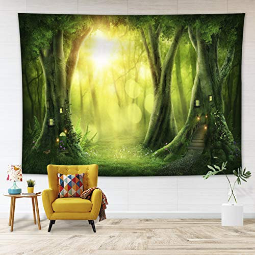 LB Wandteppich Grüner Wald Wandtuch Frühlingslandschaft Wandbehang Verzauberte Bäume Tapisserie für Wohnzimmer Schlafzimmer Wohnheim Wanddeko,150x130cm