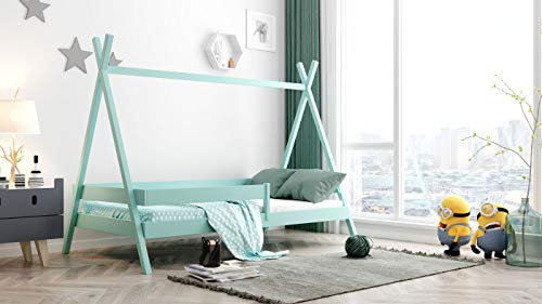 WFL GROUP Tipi Hausbett Kinderbett Massivholz Türkis 80x180 cm – Montessori Bett mit Rausfallschutz – Einzelbett für Jungen und Mädchen – Kleinkinder Bett aus Kiefer Natur
