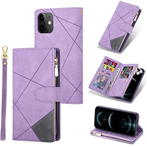 UEEBAI Wallet Case for iPhone 11 6.1, Vintage Premium PU Leather Cover Flip Case with Card Slots Magnetic Closure Zipper Pocket Kickstand Handbag with Hand Strap - Splice Purple