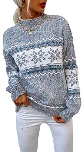 JUNBOON Women's Crewneck Long Sleeve Christmas Snowflake Holiday Pullover Sweater Jumper