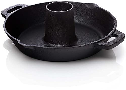 BBQ Nerd© Asador de pollo de hierro fundido Soporte para aves de corral para barbacoa y horno Soporte para pollo de hierro fundido Ø 28cm para cocinar sin grasa. Asador rústico con bandeja colectora