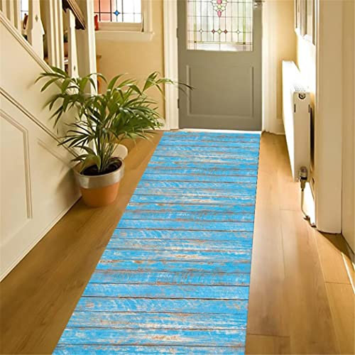 XQKXHZ Teppich Läufer Flur Lang rutschfest Küchenteppich Waschbar Blau Modern Küchen Teppich Vintage Türkis Holzoptik Teppich Für Wohnzimmer Schlafzimmer, Anpassbar Teppichläufer Meterware,130x800cm