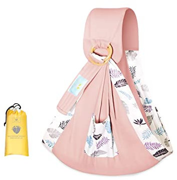 SONARIN Echarpe de Portage,Coton Doux Porte-bébé Bébé Sling Écharpe Porte Bébé Couverture d'Allaitement avec Anneaux Réglables pour Nouveau-né Bébé Tout-petit jusqu'à 15 kg(Feuille Rose)