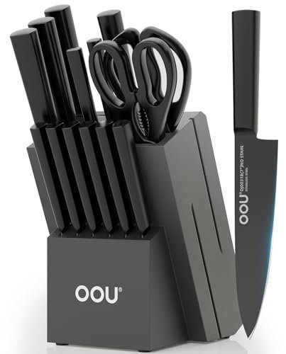 OOU 15-teiliges Küchenmesser-Set mit hohem Kohlenstoffgehalt, schwarzes rostfreies Messerset mit integriertem Schärfblock, Schwarz