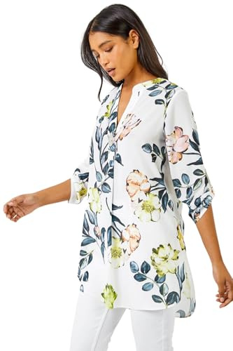 Roman Originals Shirt for Women UK Ladies Longline Top Collarless Blouse Smart Tunic Casual Evening Relaxed Fit 3/4 Length Sleeve Notch V Neck Long - White Yellow - Size 10