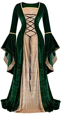 Josamogre Renaissance Femmes Robes Médiévale Velours Manches Longues Parti Déguisements Costume Halloween De Mariée Gothique Vert 3XL