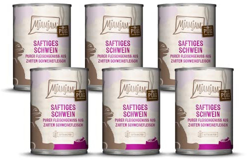MjAMjAM - Premium Nassfutter für Katzen - Purer Fleischgenuss saftiges Schwein pur, 6er Pack (6 x 400 g), getreidefrei mit extra viel Fleisch