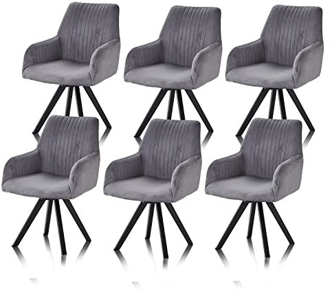smart 6er Set Esszimmerstühle mit Armlehnen - Bezug Mikrofaser grau, 180° drehbar mit Auto-Return - Massivholz Stuhlbeine - Küchenstuhl, Polsterstuhl mit Schaumstofffüllung