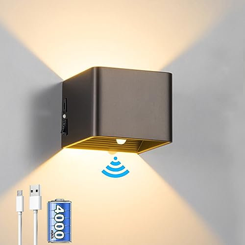 Akku Wandleuchte mit Bewegungsmelder Innen, 4000mAh Kabellose Wandlampe mit Schalter Magnetische LED Wandleuchte Innen, 5W Aufladbar Wandbeleuchtung für Schlafzimmer
