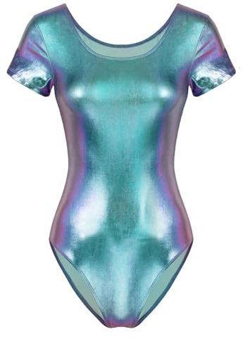 iEFiEL Damen Metallic Body Lackleder Bodysuit Catsuit Wetlook Jumpsuit Langarm/Kurzarm Turnanzug Ballettbody Trikotanzug Tanzkostüm Violett XL