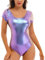 iEFiEL Damen Metallic Body Lackleder Bodysuit Catsuit Wetlook Jumpsuit Langarm/Kurzarm Turnanzug Ballettbody Trikotanzug Tanzkostüm Violett XL