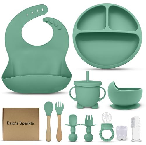 11-Piece Baby Weaning Set – BPA-Free Silicone Strong Suction Plate, Cup with Lid, Spoon, Fork & Bib with Catcher – Microwave & Dishwasher Safe Silicone Baby Feeding Set with Fruit Feeder & Toothbrush