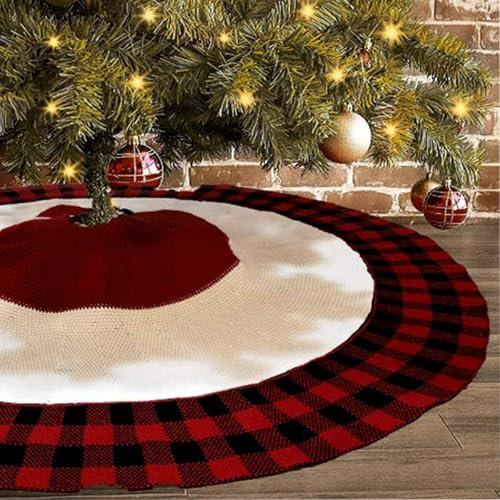 Weihnachtsbaum Rock 125cm, Gestrickte Weihnachtsbaumdecke Pad Rot Rund, Weihnachtsbaumkragen, Weihnachtsbaumrock Runde für Weihnachten NeuesJahr Dekoration(rot/weiß/schwarz)