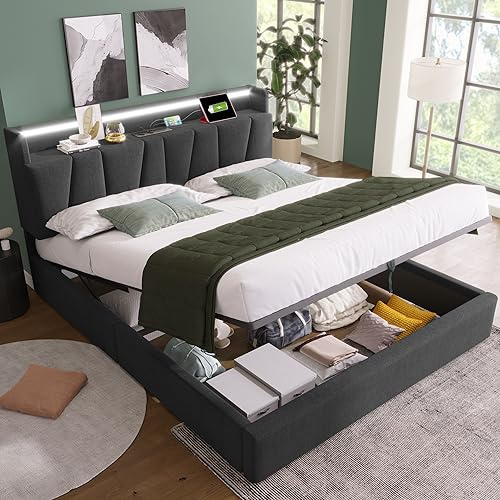 KUAKE Doppelbett 160x200cm,Polsterbett Stauraum-Kopfteil Bett mit Aufladen USB, Stauraumbetten Funktionsbett mit Großer Schubladen, Verstellbares Kopfteil,Ohne Matratze (160x200cm)