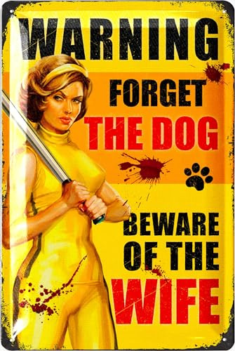 LANOLU Vintage-Blechschild mit Aufschrift Warning Wife Dog, Männerhöhlenzubehör, Metallschilder für Garage, Wanddekoration für Männer, lustige Schilder, 30,5 x 20,3 cm