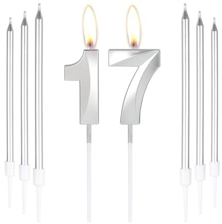 mciskin Silver 17 Birthday Candles-3D Number 17 Candle for Cake with 6pcs Long/Thin Candles Set,Silver Cake Topper for Girl Boy 17th Birthday Decorations Supplies,17th Wedding Anniversary Decorations