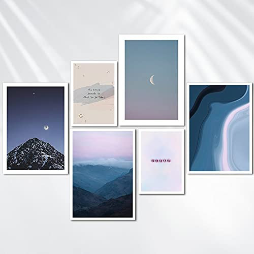 AREDE Set di 6 Stampe da Parete Quadri Moderni Decorazioni da Muro per Casa Soggiorno Camera da Letto e Cucina ''Viola Sogni E Lune''| 4 x A3 (30x42cm) + 2 x A4 (21x30cm) | senza Cornici