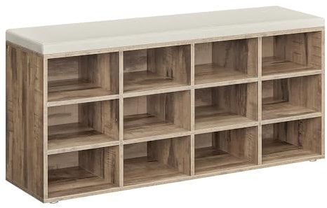 VASAGLE Schuhbank, Schuhregal mit Sitzfläche, Sitzbank mit Stauraum, Kissen, 12 Fächer, verstellbare Ablagen, für Wohnzimmer, Flur, 30,3 x 104 x 48 cm, Kamelbraun LHS012K02