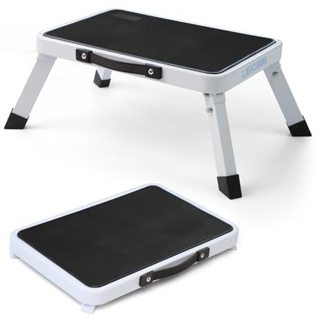 LIEKUMM Step Stool, 150 kg Capacity Portable Step Ladders, Steel Caravan Steps with Non-Slip Platform and Rubber Pads, 38 x 26 cm Folding Stool for Motohome, Office, Bathroom, Bedroom, Pets, White
