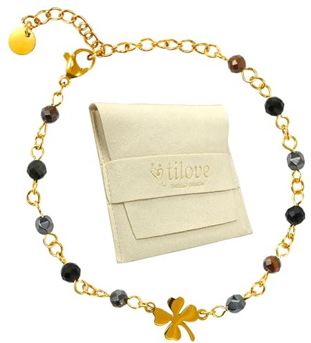 Tilove Armband aus Naturstein, dreifacher Schutz, Heilstein für Damen, mit Kleeblatt, Glücksbringer, Edelstahl, Tigerauge, schwarzer Obsidian, Hämatit, Chakra-Armband, Geschenkidee, 16cm + 5cm