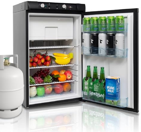 Techomey Frigo Trimixte 12V 220V Gaz, 100L, Frigo Gaz avec Congélateur pour Camping Car, Caravane, Maison, Mobile-Home, Chalet, Cabanon, Noir