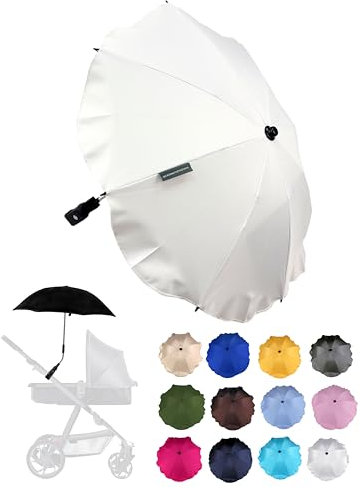 BambiniWelt by Rafael K. Sonnenschutz universal [Sonnenschirm für Kinderwagen] Buggy UV Schutz 50+ mit Universalhalterung biegsamer Schirm für Rund- und Ovalrohre verstellbar (weiss)