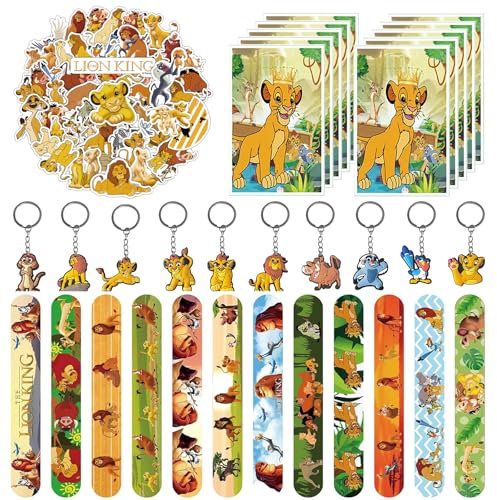 82 Piezas Rey León Regalos Fiesta Cumpleaños para Niños, Regalos para Fiesta de Animales de Selva, 12 Pulseras de Bofetadas, 10 Llaveros, 10 Bolsas de Regalo, 50 Pegatinas, Lion Party Regalos