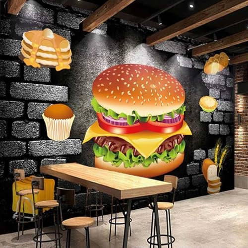 3D Hamburger-Brötchen-Muster Fototapeten 3D Wandtapete Für Fastfood-Restaurants, 3D-Effekt, Dekorationstapete Für Wohnzimmer Oder Schlafzimmer 150x105cm