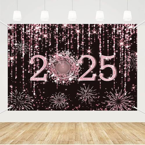 MEHOFOND 2,1 x 1,5 m, Schwarz und Roségold, 2025 Neujahrs-Hintergrund, Prost bis 2025, Fotografie-Hintergrund, Hello 2025, Feuerwerk, tropfende Glitzerpunkte, Uhr, Dekoration, Zeit bis 2025,
