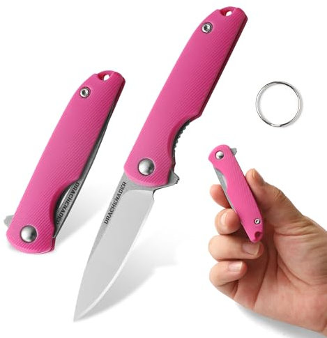 DRACHENADER Klappmesser Klein Klingenlänge 5, 2 cm Taschenmesser, 5Cr13Mov Stahl Mini Einhandmesser, Schlüsselanhänger Messer für Frauen Outdoor, Knallpink